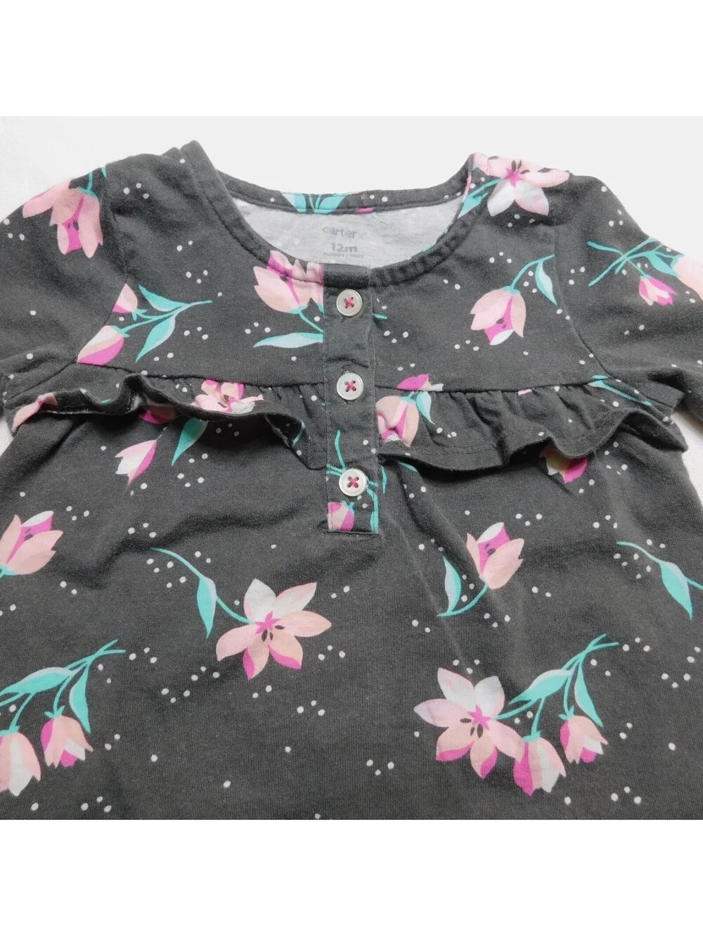 Carter's Baby Girl Long Sleeve Top Size 12M Charcoal Grey Pink Floral Ruffle Tee